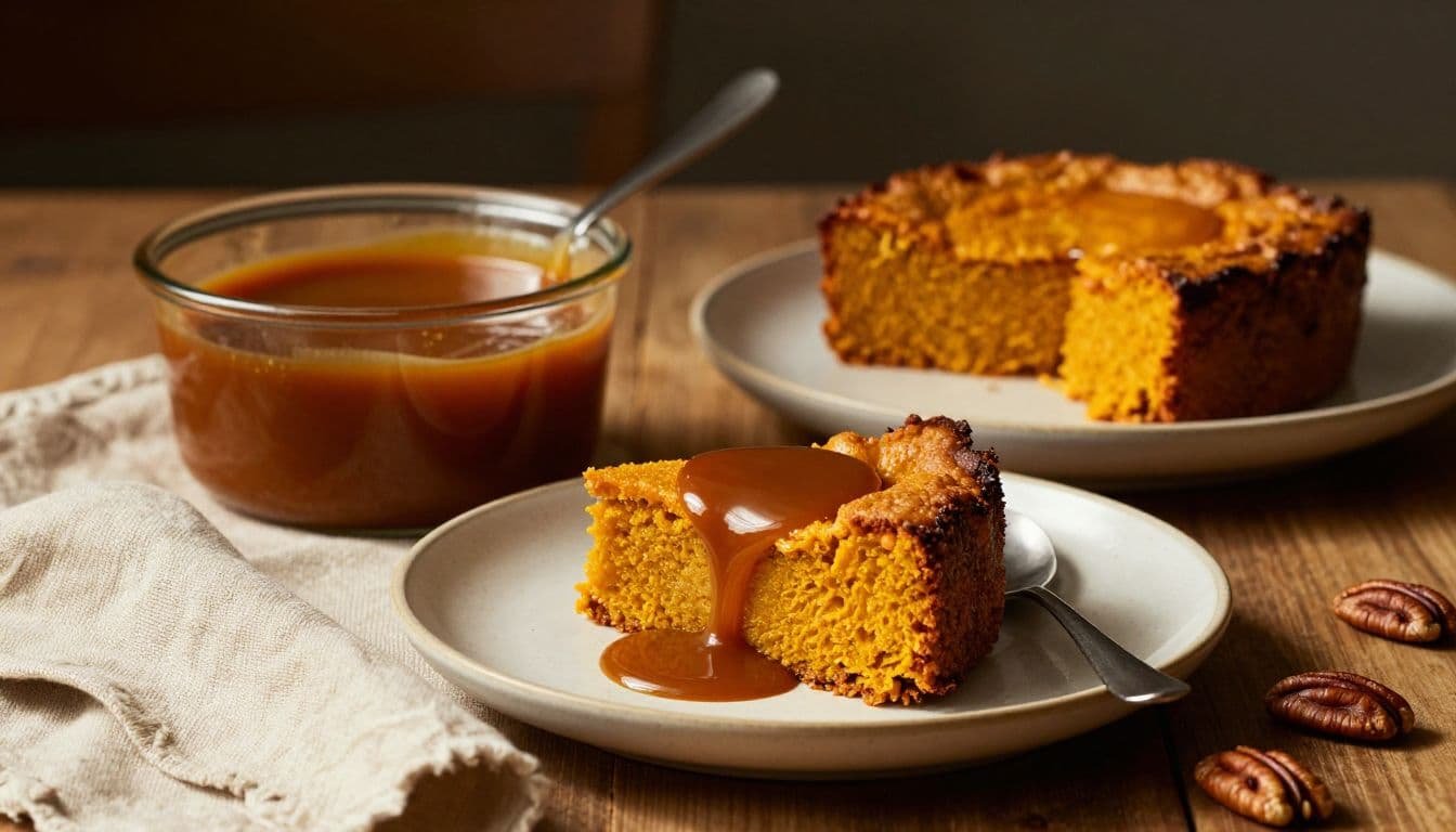 Caramel sauce beside a slice of pumpkin bread pudding on a ceramic plate.