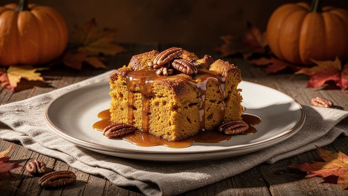 Pumpkin bread pudding with caramel sauce and pecans on a linen napkin.