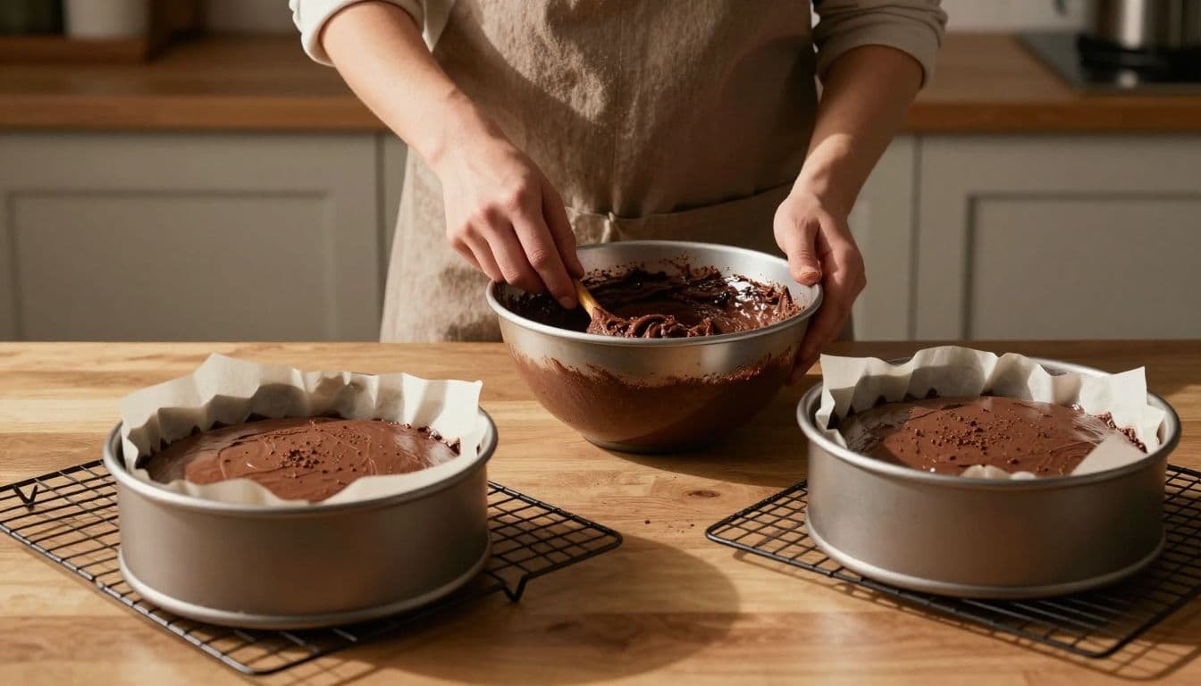 A baker mixes chocolate batter beside two parchment-lined cake pans.