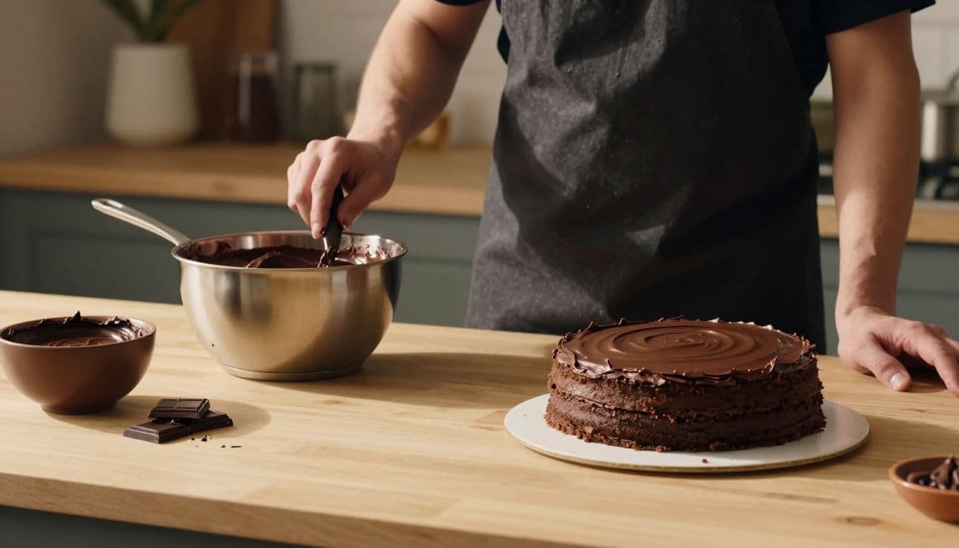 A baker prepares buttercream and ganache beside a cooling chocolate layer cake.