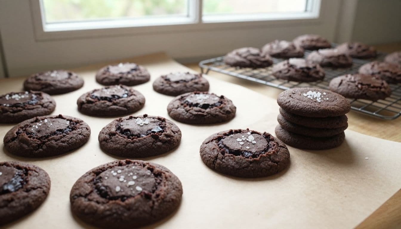 A chocolate sea salt cookie cools beside stacked cookies and dough portions on parchment.
