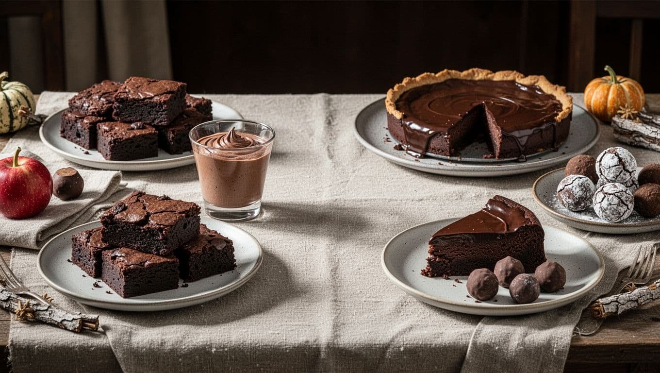 Assorted dark chocolate desserts arranged on a warmly lit table.