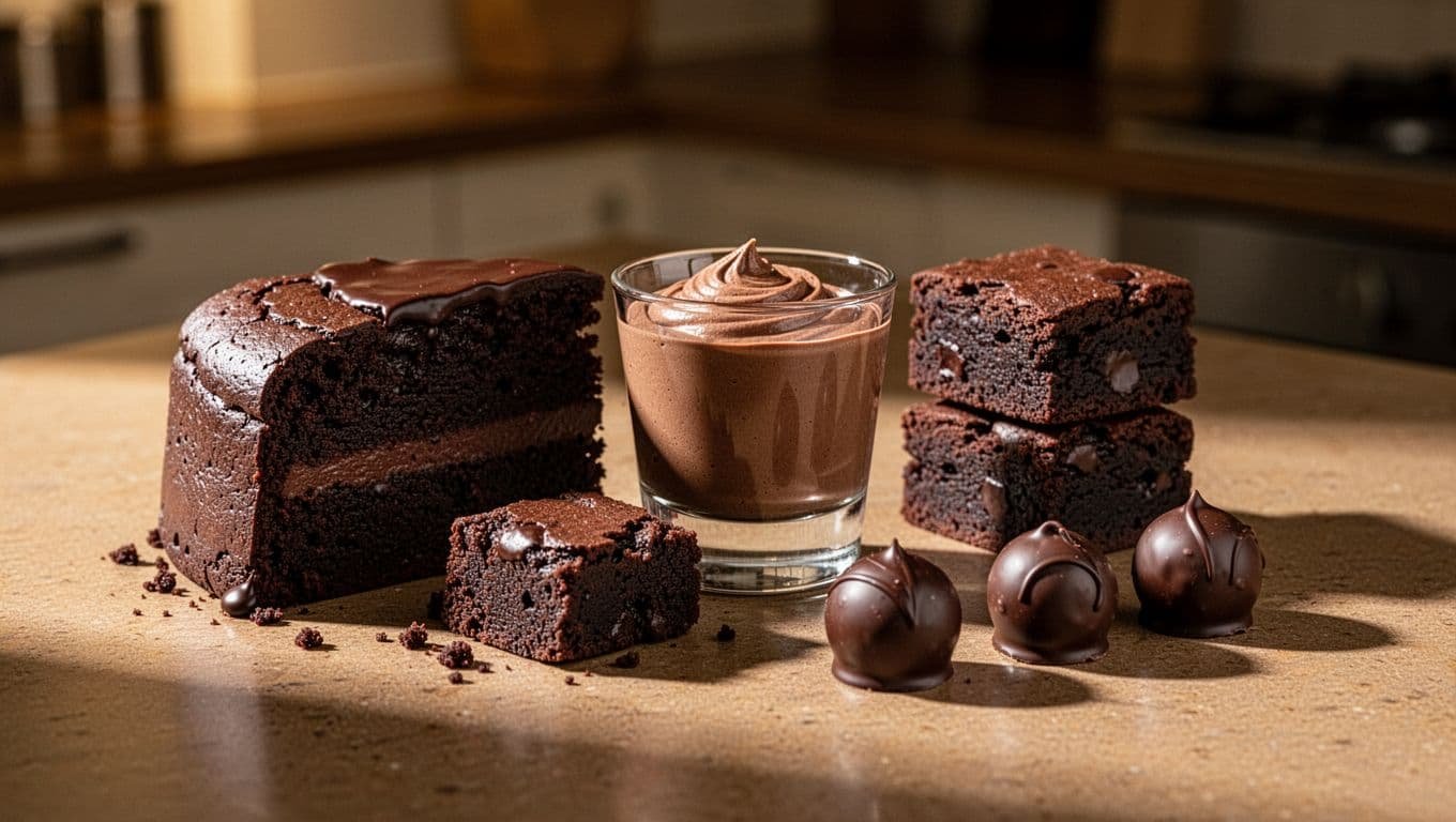 Dark chocolate cake, brownies, mousse, and truffles on a warm kitchen counter.