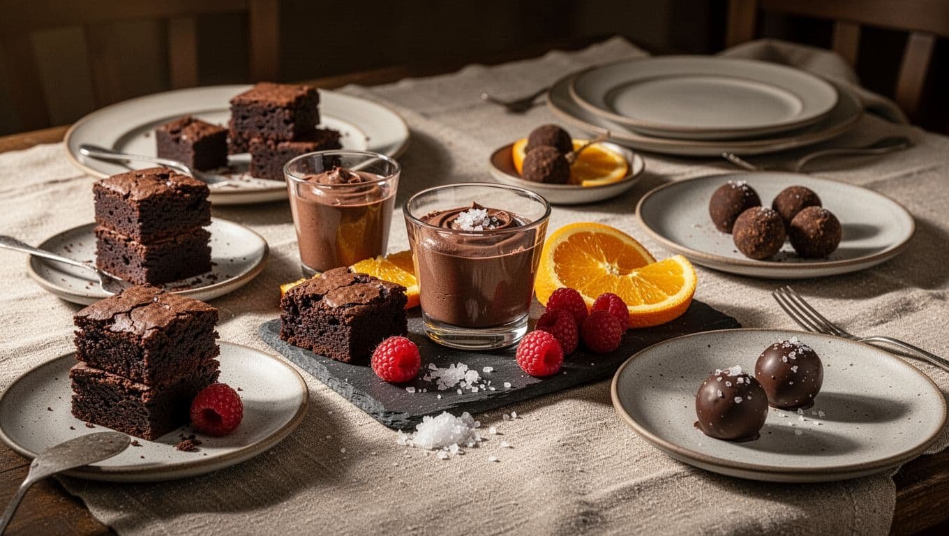 Brownies, mousse, fruit, sea salt, and truffles on a warmly lit dessert table.