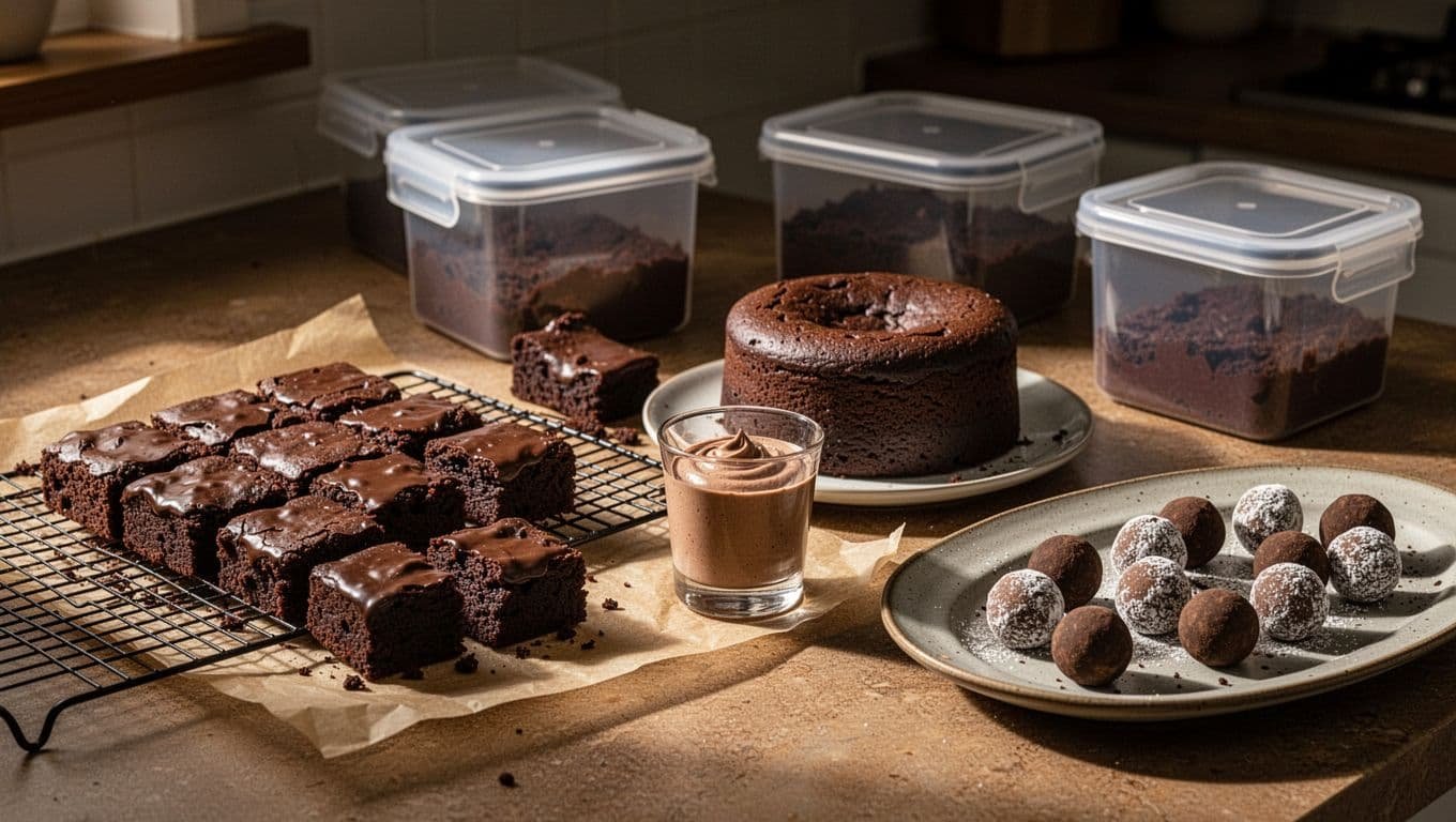Brownies, chocolate cake, mousse, and truffles arranged on a warm kitchen counter.