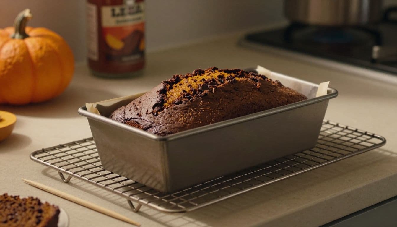 Sliced chocolate pumpkin bread cools beside a loaf pan on a kitchen counter.