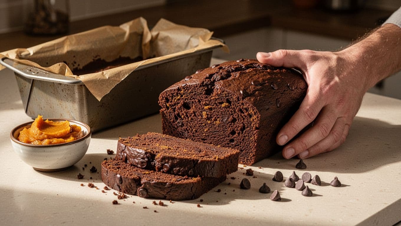 Sliced chocolate pumpkin bread with one hand beside it on a warm kitchen counter.