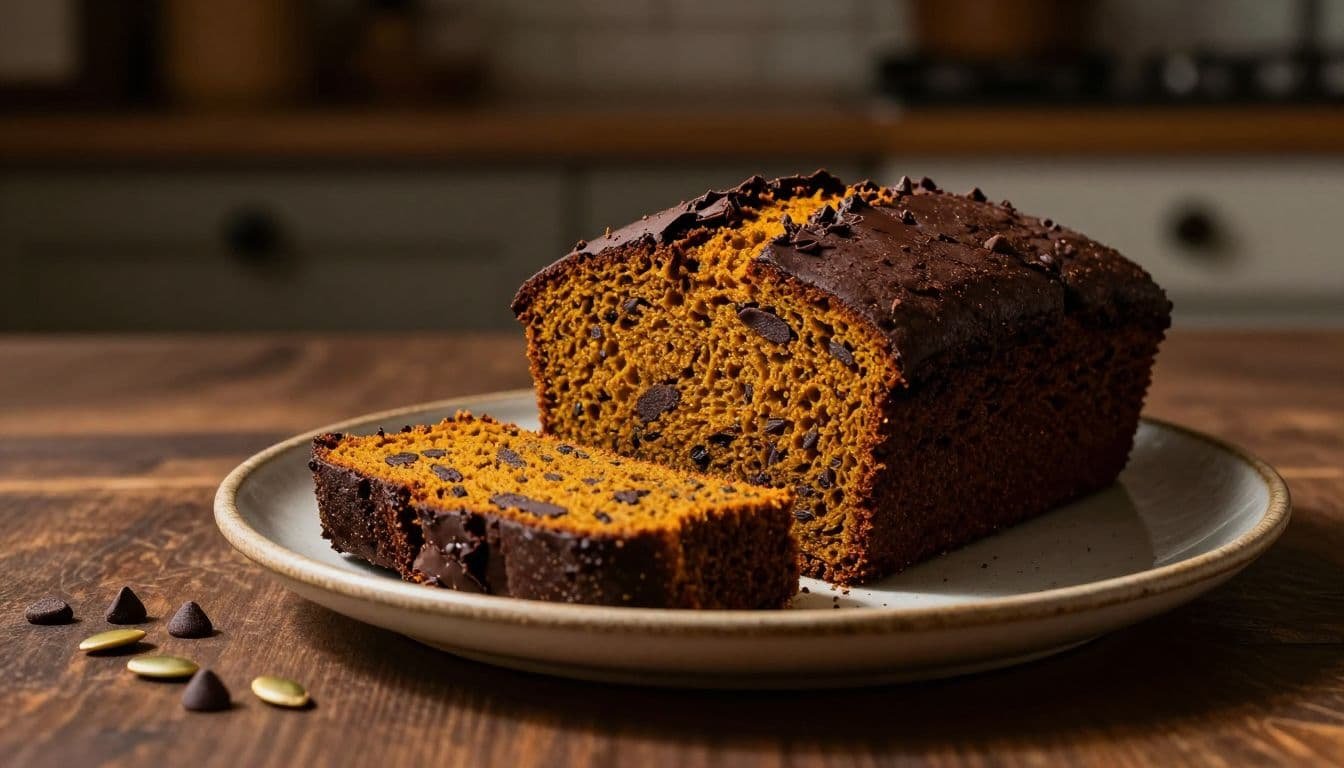 Sliced chocolate pumpkin bread on a ceramic plate with seeds and chocolate chips.