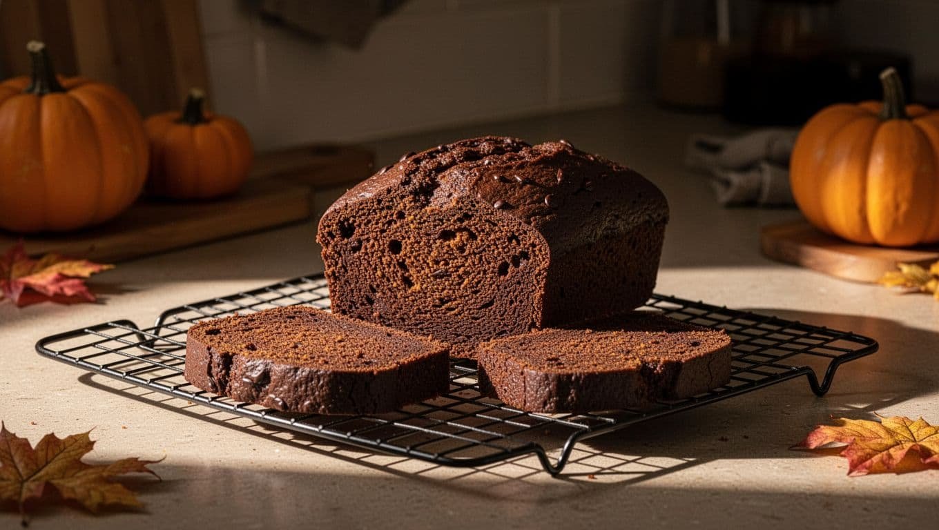 Dark chocolate pumpkin bread with sliced pieces on a cooling rack.
