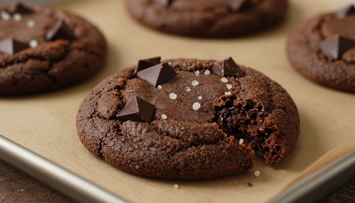 Broken dark chocolate cookie showing a fudgy center and flaky sea salt.