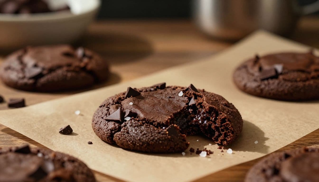 Broken dark chocolate cookie with a fudgy center, chocolate pieces, and flaky sea salt.