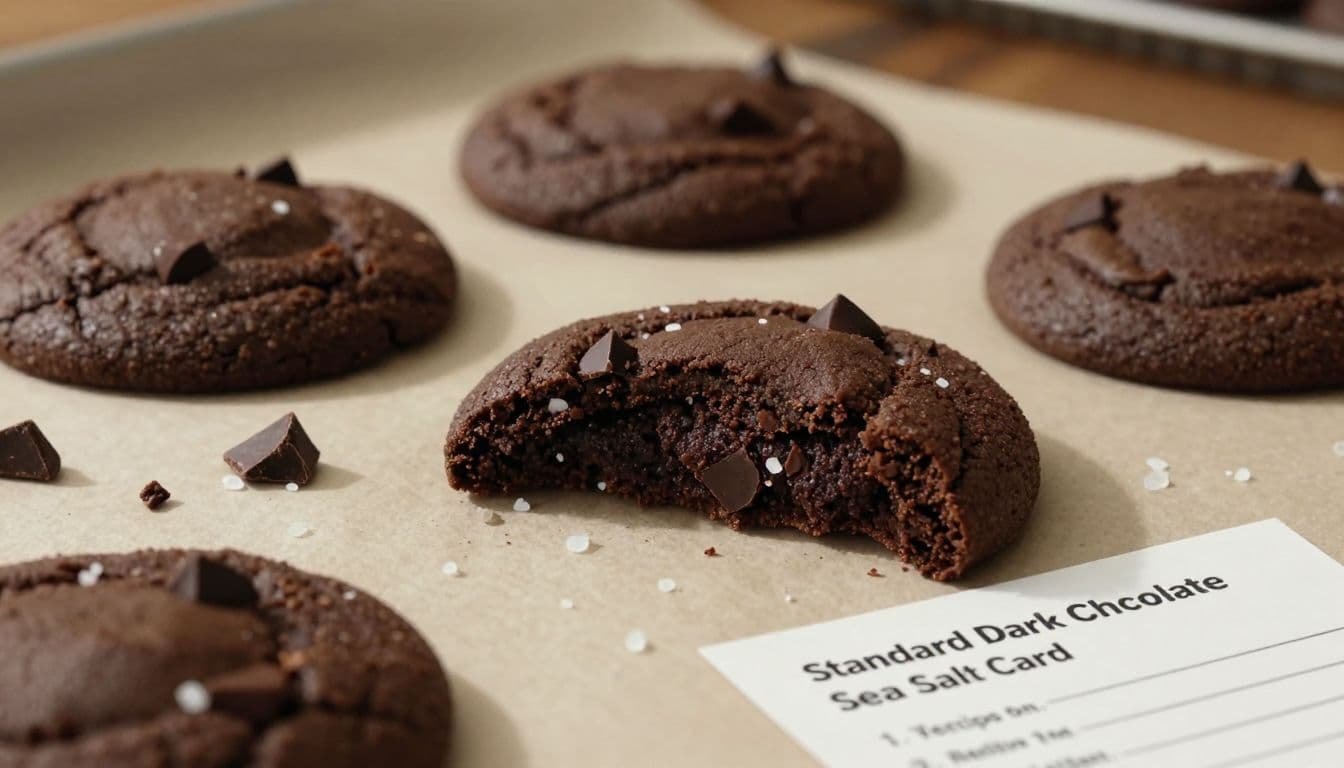A broken chocolate cookie reveals its fudgy center beside sea salt and chocolate chunks.