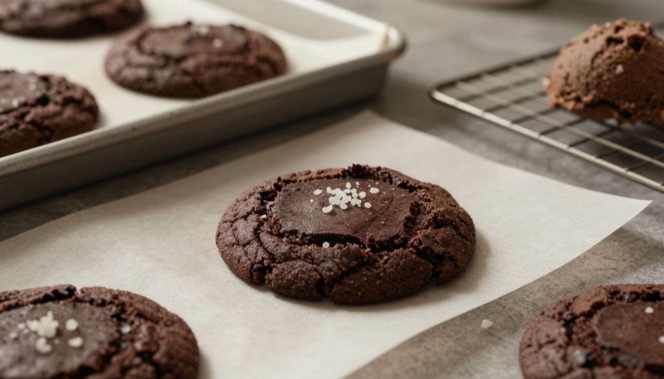 Dark chocolate sea salt cookie on parchment beside dough and a cooling rack.