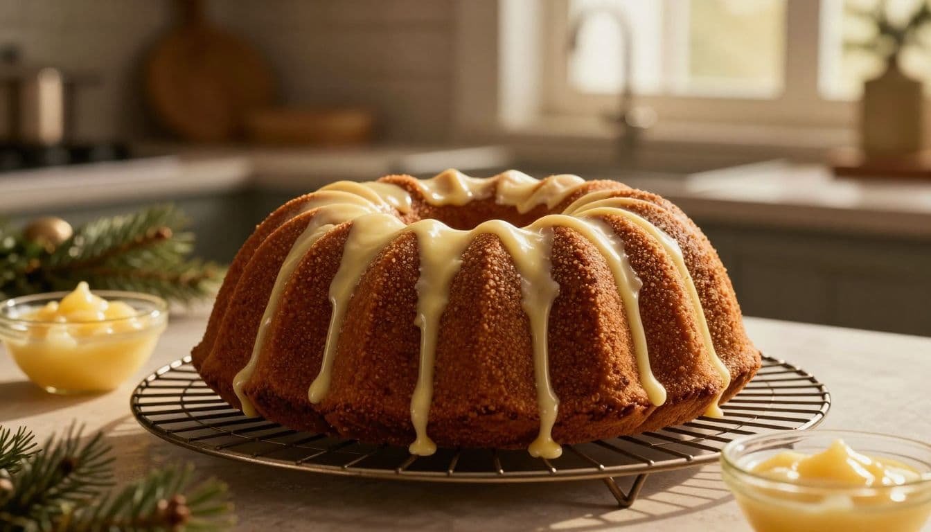 Finished eggnog Bundt cake on a rack beside a bowl of glaze.