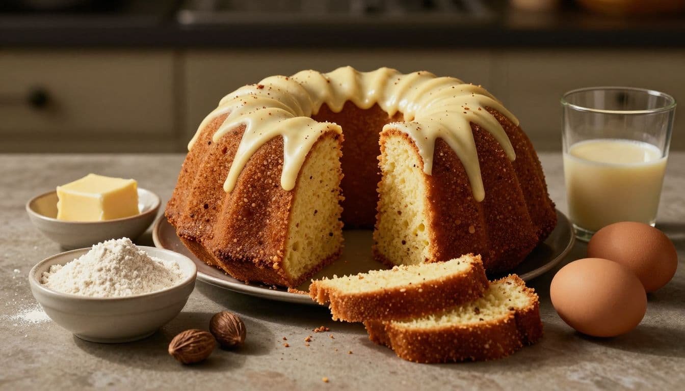 Sliced eggnog Bundt cake surrounded by flour, spices, butter, eggs, and eggnog.