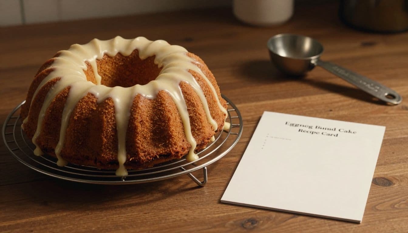 Glazed eggnog Bundt cake beside a blank recipe card and measuring spoons.