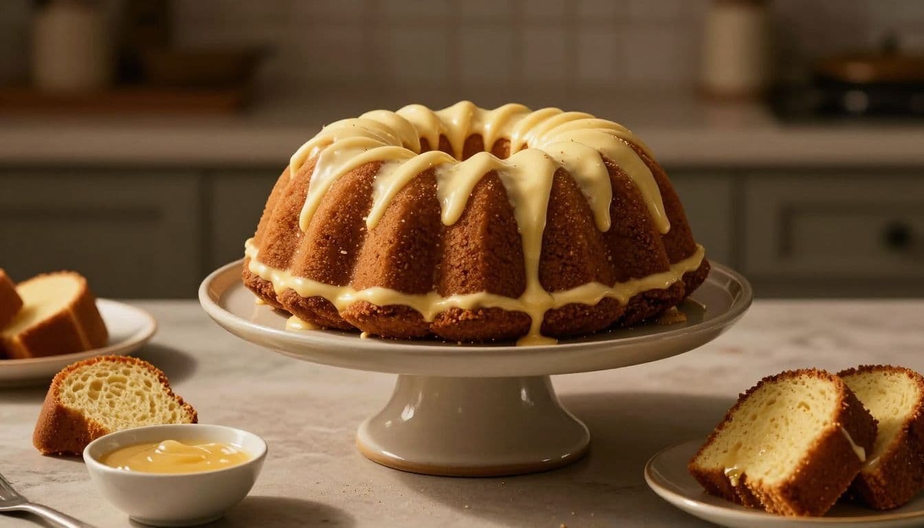 Eggnog Bundt cake on a ceramic stand with slices and glaze nearby.