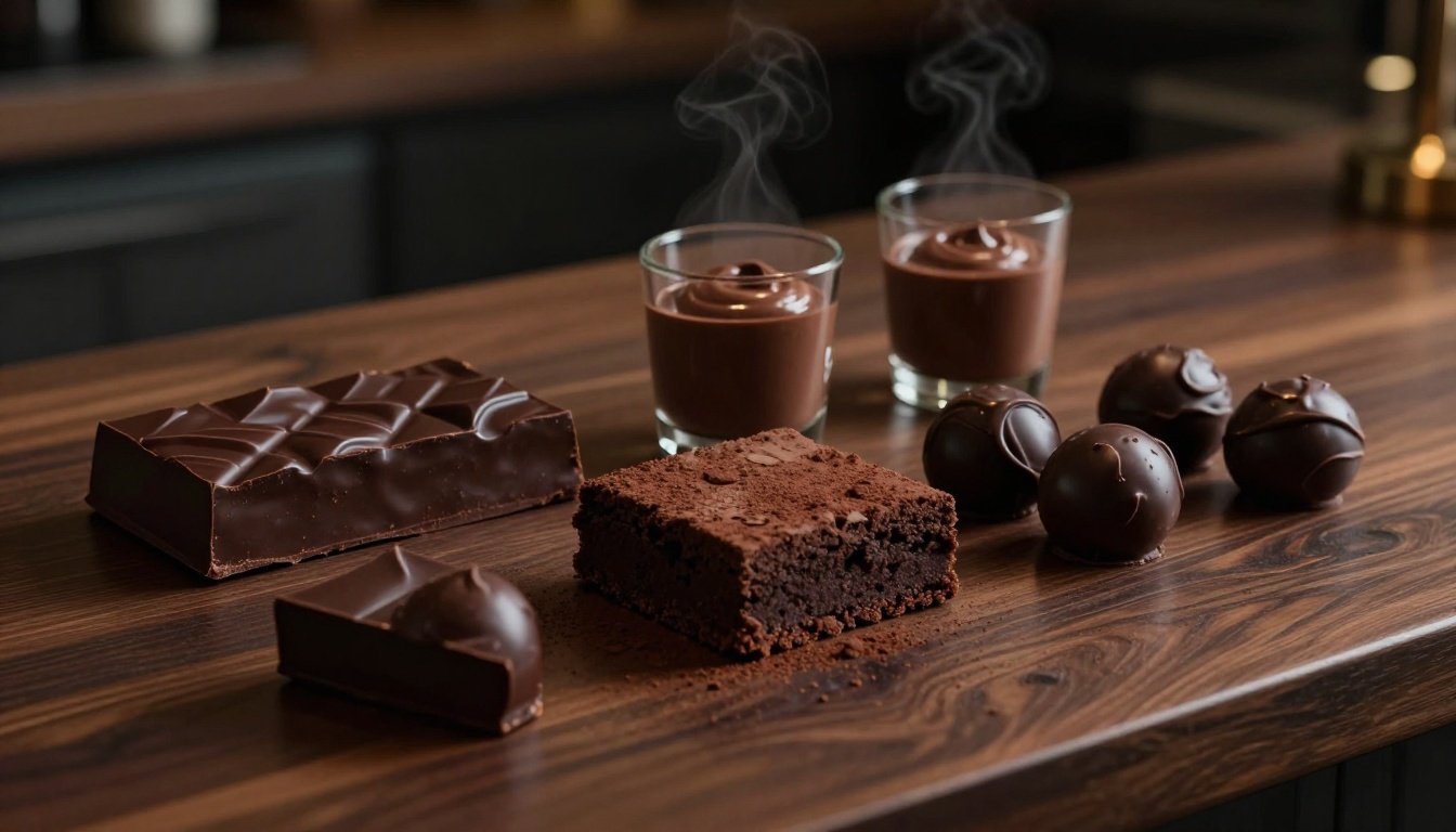 Five dark chocolate desserts arranged on a polished wooden counter.