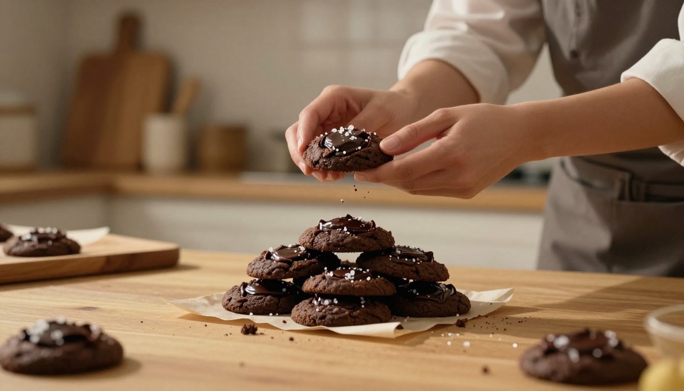 A baker holds a soft-centered chocolate cookie beside a stack of sea salt cookies.