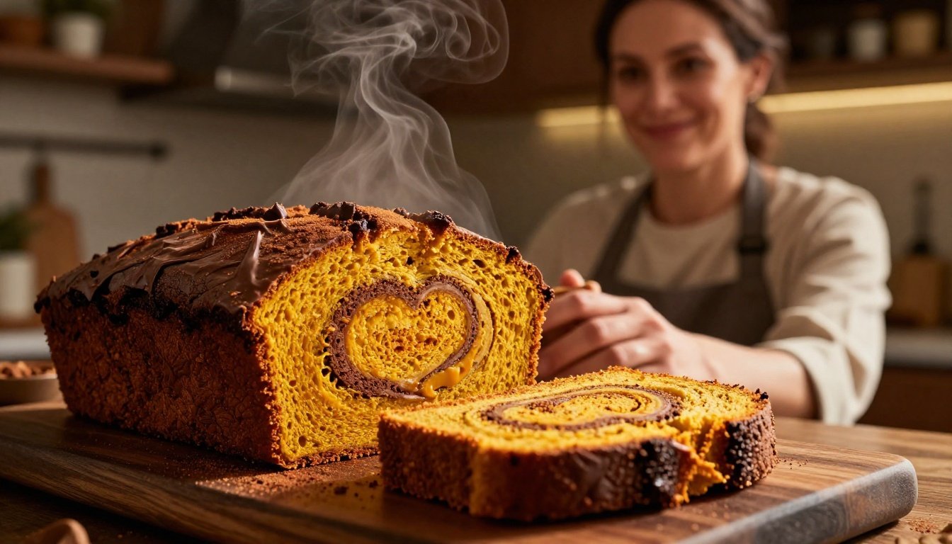 A baker holds a steaming slice of chocolate pumpkin bread.