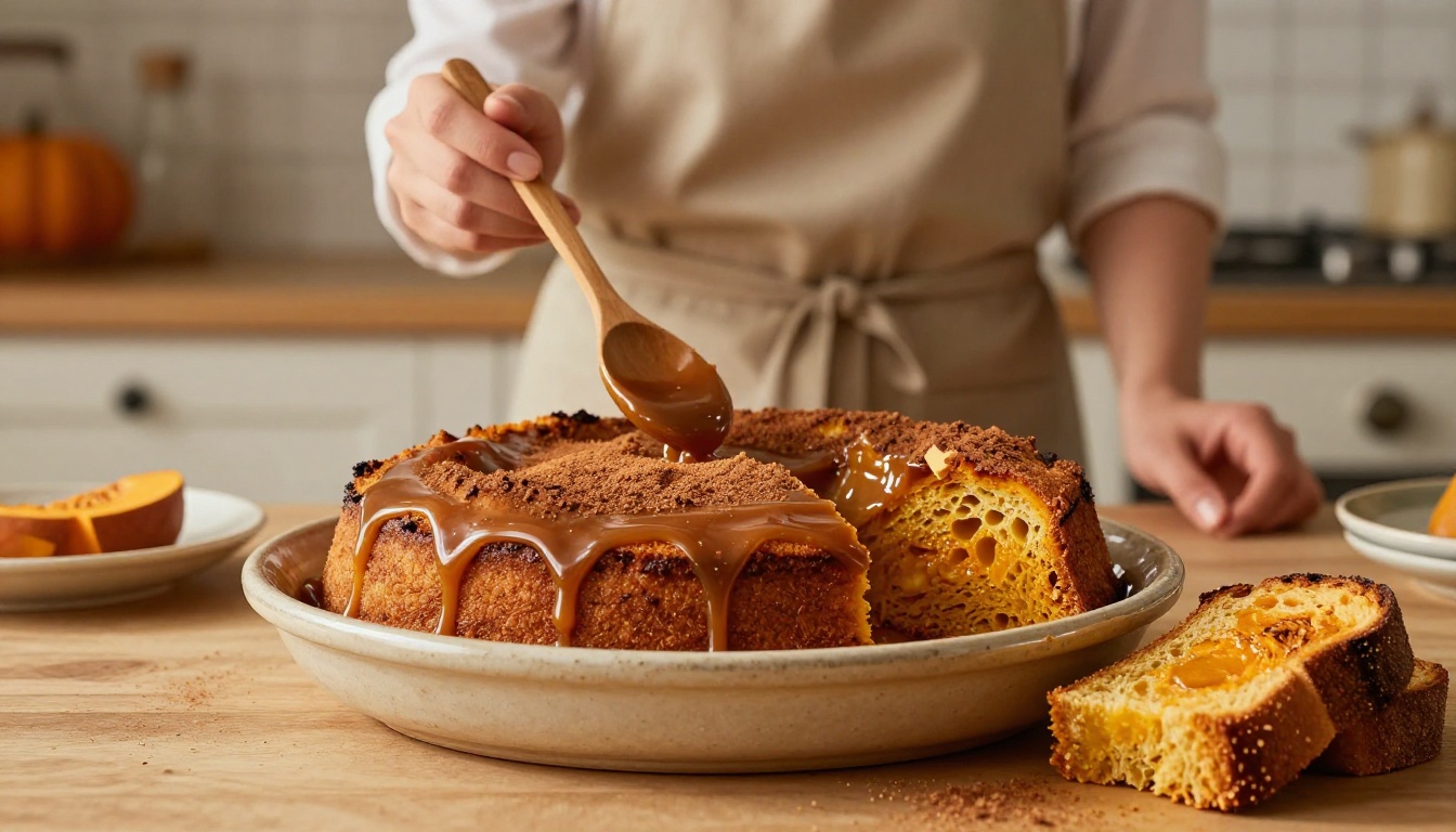 Pumpkin bread pudding with caramel and cinnamon, served beside toasted brioche in a warm kitchen.