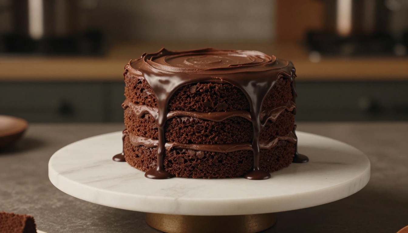 Three-layer chocolate cake with frosting and ganache drips on a white marble plate.