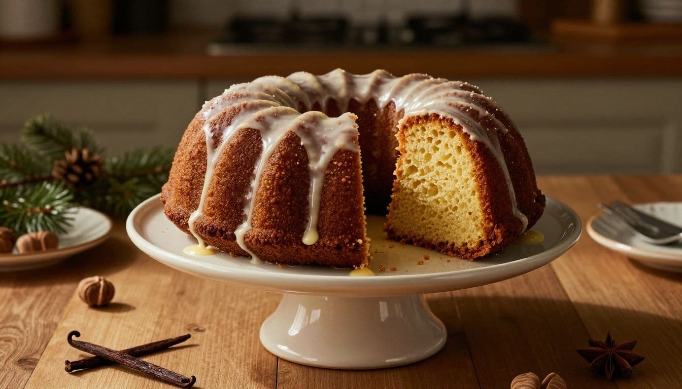 A glazed eggnog Bundt cake with one cut slice on a ceramic stand.