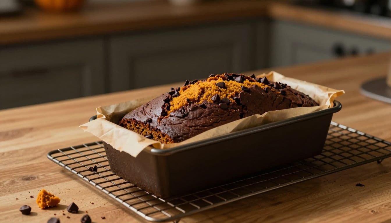 Sliced chocolate pumpkin bread loaf beside a wire cooling rack.