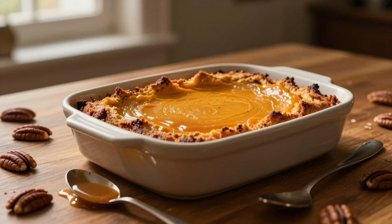 Pumpkin bread pudding with caramel sauce in a ceramic dish beside whole pecans.