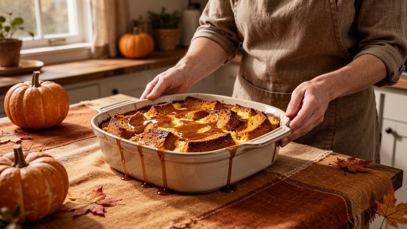 A baker checks pumpkin bread pudding beside caramel sauce in a warmly lit kitchen.