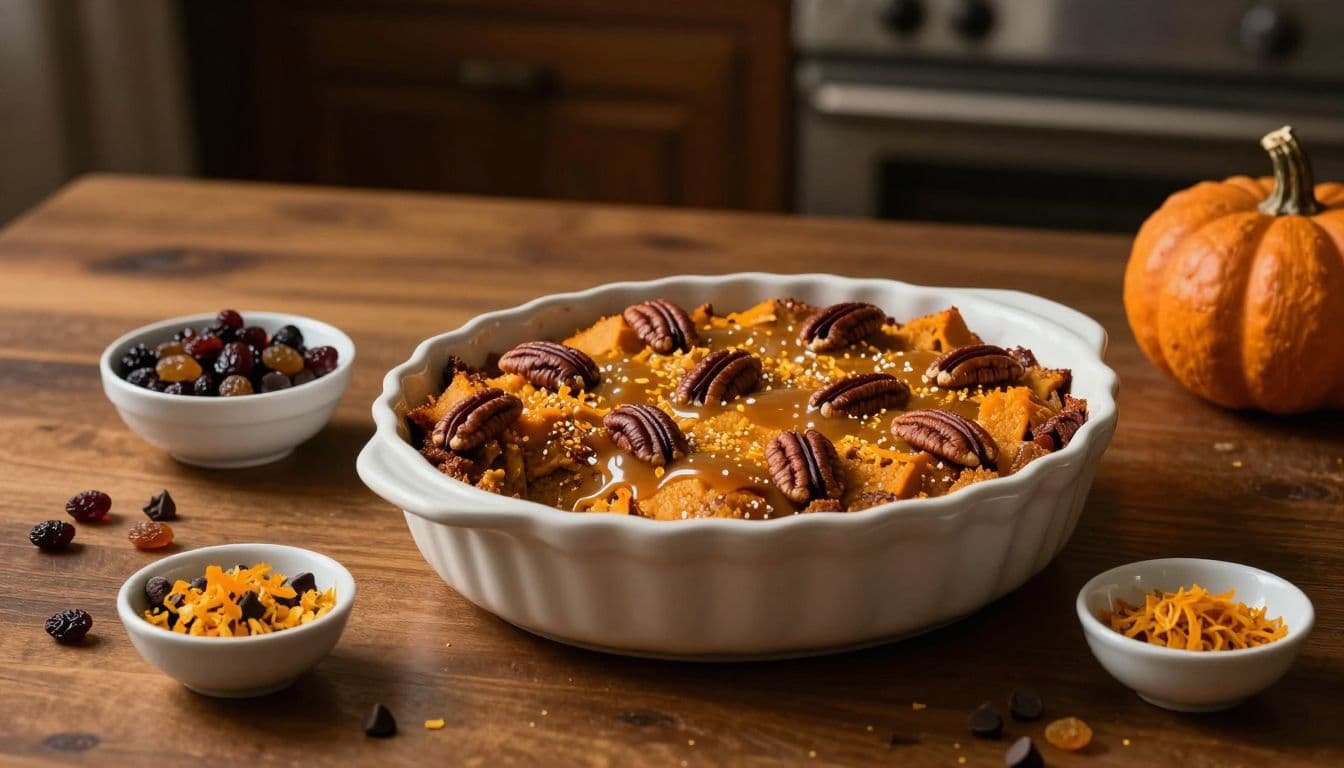 Pumpkin bread pudding with pecans and caramel, surrounded by bowls of mix-in ingredients.