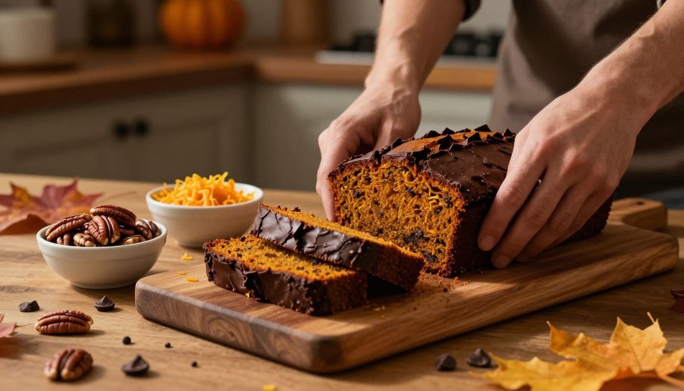 A baker arranges chocolate pumpkin loaf slices beside bowls of nuts and toppings.
