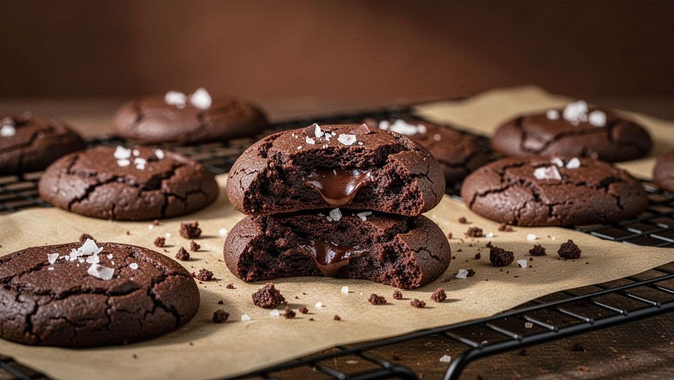 Broken chocolate cookie with a soft center on parchment beside whole cookies.