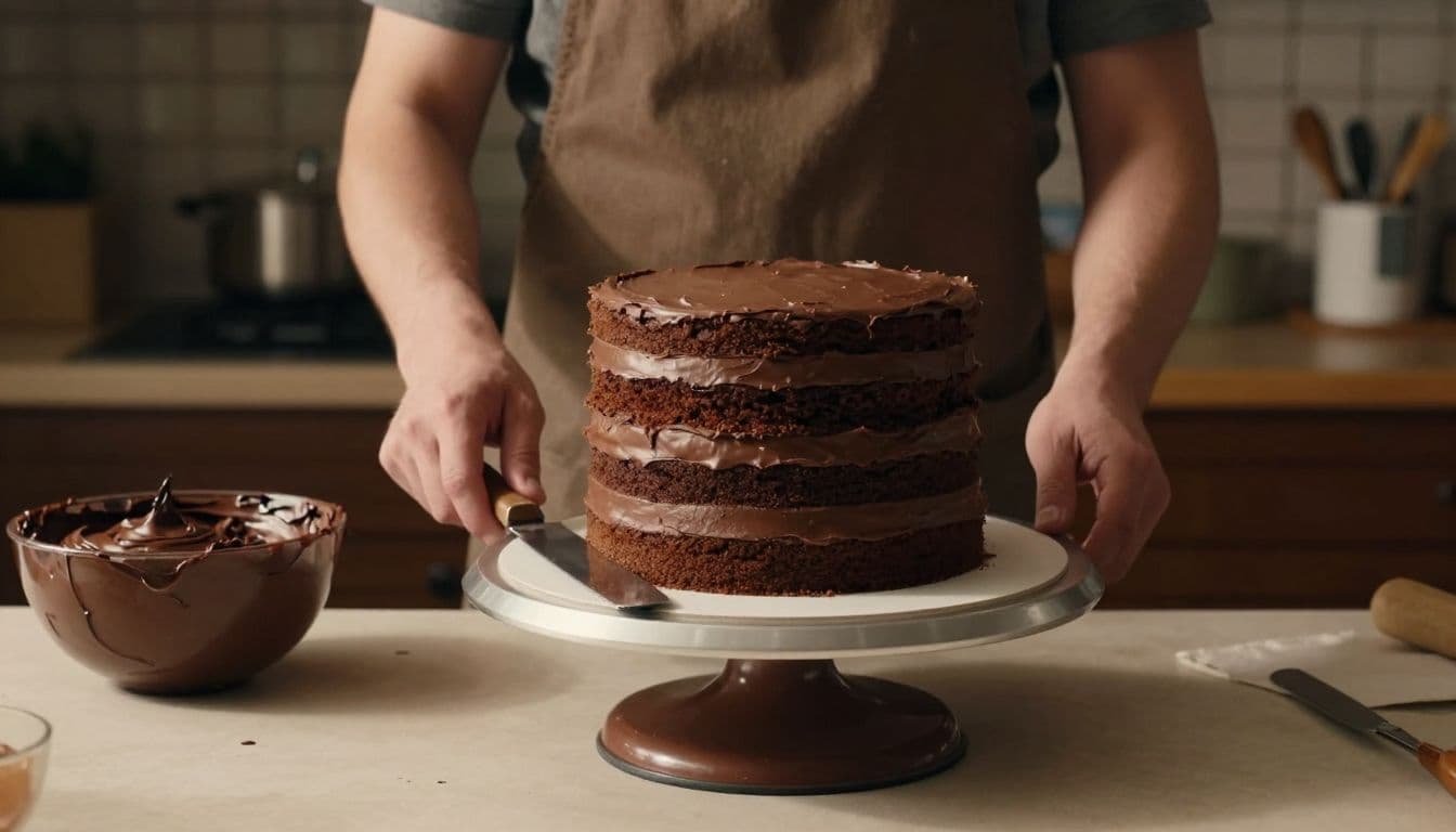 A baker stacks chocolate cake layers beside frosting and an offset spatula.