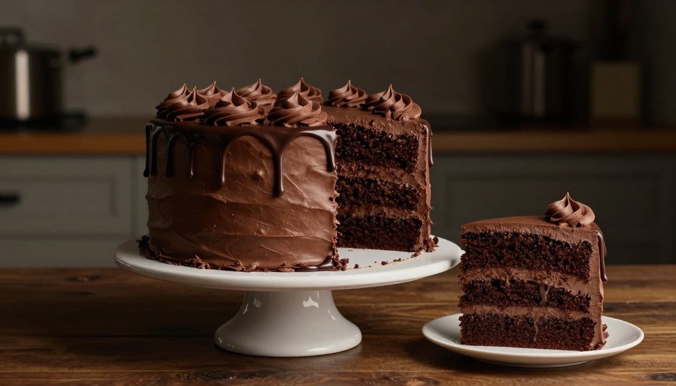 Tall chocolate layer cake with ganache drip and a cut slice showing its layers.