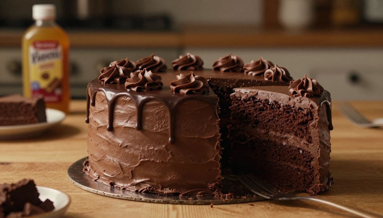 Triple chocolate cake with a glossy drip and a sliced piece on a warm kitchen table.
