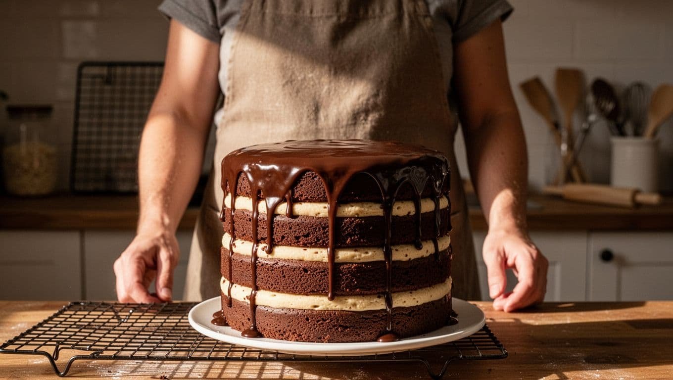A baker stands beside a triple-chocolate cake with glossy ganache in a warm kitchen.
